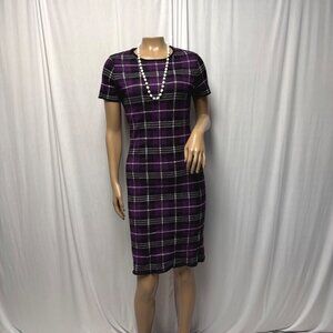 Ava Knit Dress Womens Small Purple Black Plaid Short Sleeve Sheath Bodycon New